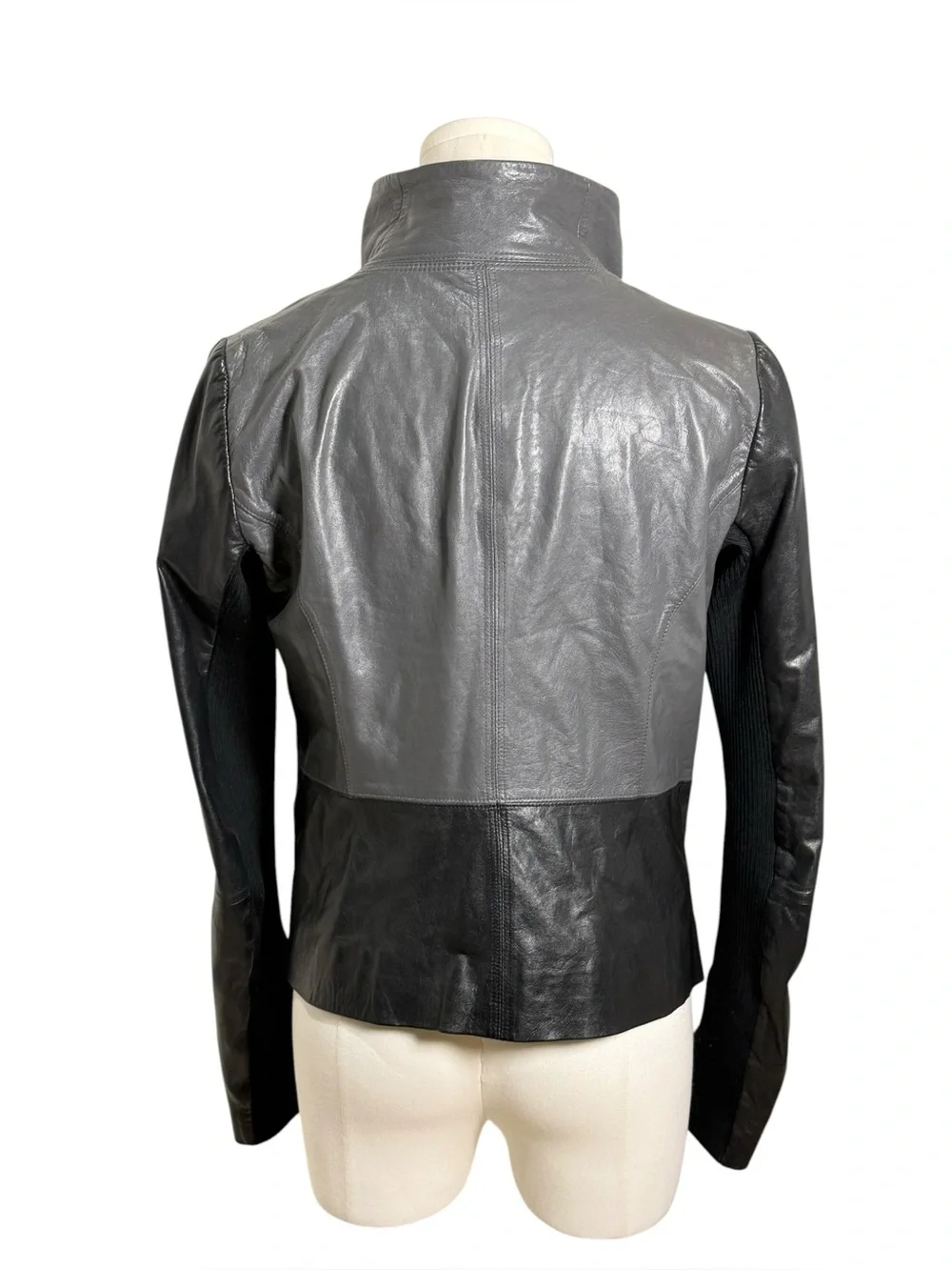 Vince Lambskin Leather Colorblock Moto Jacket Gray Black Size Small